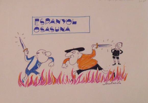 Joaquim Muntañola. Dibujo a rotulador ”Espanyol Osasuna”. Firmado mano. Fútbol. 35x50 cm. Preparado para ser publicado en prensa deportiva. Liga 1985-1986.