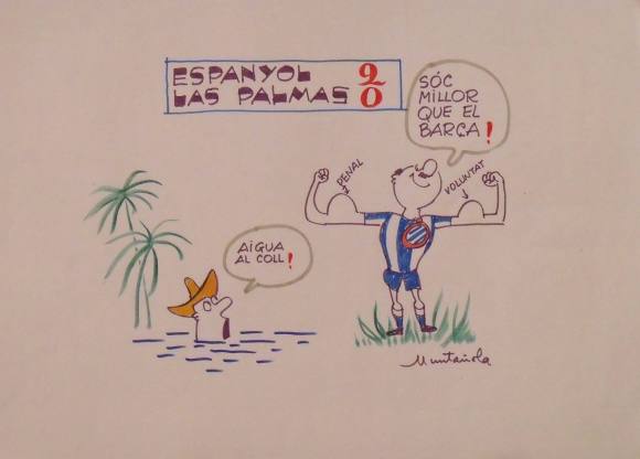 Joaquim Muntañola. Dibujo a rotulador ”Espanyol 2 Las Palmas 0”. Firmado mano. Fútbol. 35x50 cm. 