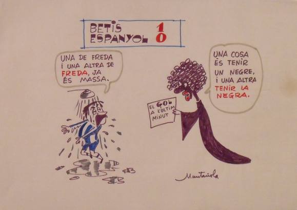 Joaquim Muntañola. Dibujo a rotulador ”Betis 1 Espanyol 0”. Firmado mano. Fútbol. 35x50 cm. 