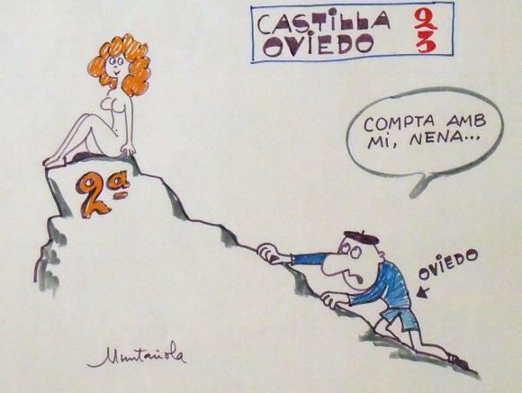 Joaquim Muntañola. Dibujo a rotulador ”Castilla 2 Oviedo 3”. Firmado a mano. Fútbol. 35x50 cm. 
