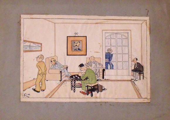 Joaquim Muntañola. Dibujo tinta y acuarela ”El Director ve tot seguit”. Firmado mano Kim. 48x34 cm. 35x24 cm mide el dibujo. 
