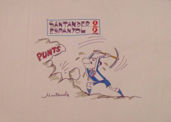 Joaquim Muntañola. Dibujo a rotulador ”Santander 2 Espanyol 2”. Firmado mano. Fútbol. 35x50 cm.