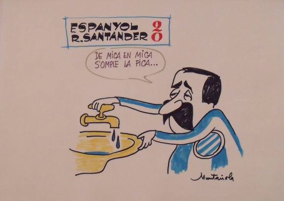 Joaquim Muntañola. Dibujo a rotulador ”Espanyol 2 Santander 0”. Firmado mano. Fútbol. 35x50 cm.