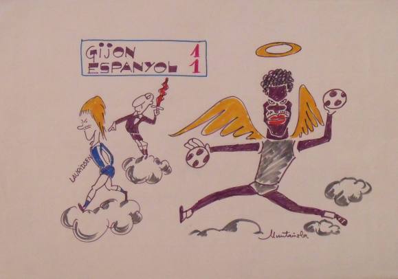 Joaquim Muntañola. Dibujo a rotulador ”Gijón 1 Espanyol 1”. Firmado mano. Fútbol. 35x50 cm. 