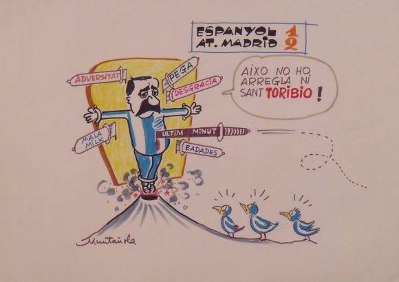 Joaquim Muntañola. Dibujo a rotulador ”Espanyol 1 At. Madrid 2”. Firmado mano. Fútbol. 35x50 cm. 