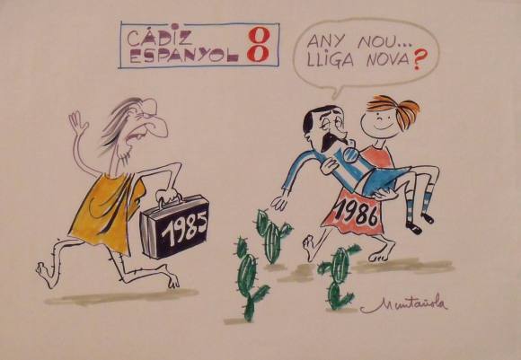 Joaquim Muntañola. Dibujo a rotulador ”Cádiz 0 Espanyol 0”. Firmado mano. Fútbol. 35x50 cm. 