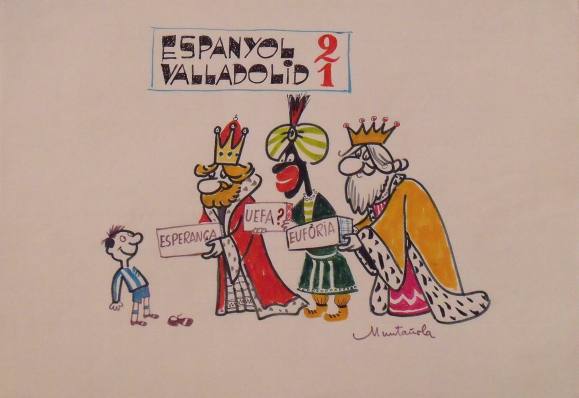 Joaquim Muntañola. Dibujo a rotulador ”Espanyol 2 Valladolid 1”. Firmado mano. Fútbol. 35x50 cm. 