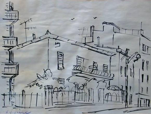 Antonin Frantisek Sthelík. Dibujo a tinta ”Paisaje con casa”. Firmado a mano. 1965. 33x45 cm.