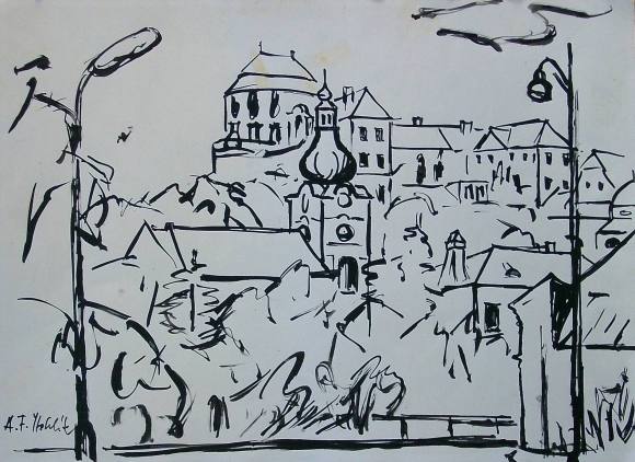 Antonin Frantisek Sthelík. Dibujo a tinta ”Paisaje con Iglesia”. Firmado a mano. 1965. 33x45 cm.