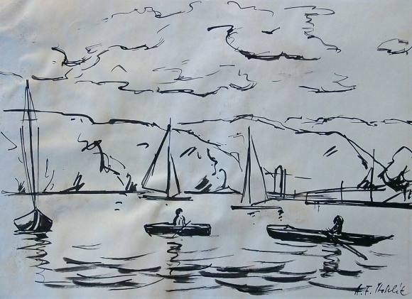 Antonin Frantisek Sthelík. Dibujo a tinta ”Paisaje con barcas”. Firmado a mano. 1967. 33x45 cm.
