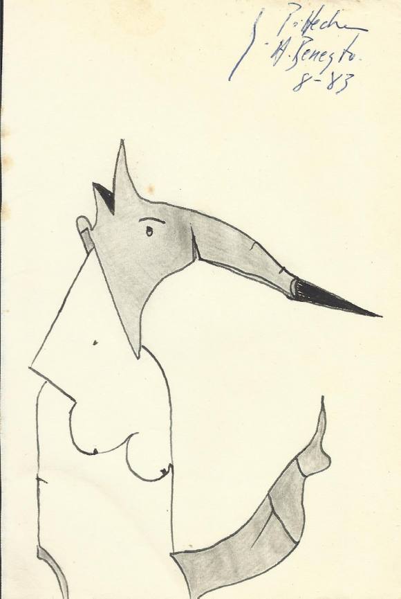 Antonio Beneyto. Dibujo a lápiz y tinta sobre papel. Surrealismo. Firmado a mano. 18x12 cm. 1983.