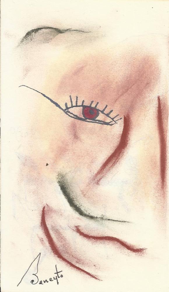 Antonio Beneyto. Dibujo a tinta y color sobre papel. Surrealismo. Firmado a mano. 17,5x10,5 cm. 1980. 