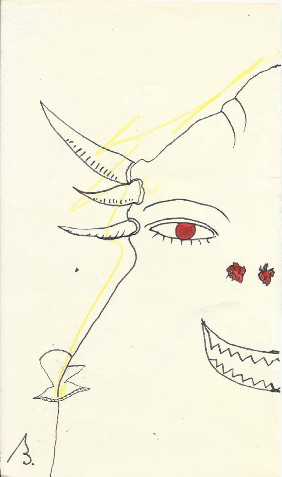 Antonio Beneyto. Dibujo a tinta y color sobre papel. Surrealismo. Firmado a mano con una B. 17,5x10 cm. 