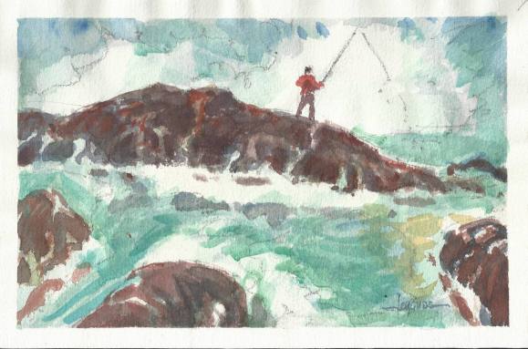 Carlos Enrique Lencinas Gómez. Acuarela sobre papel. ”Pescador encima de una roca”. Firmado a mano. 18,5x28 cm.