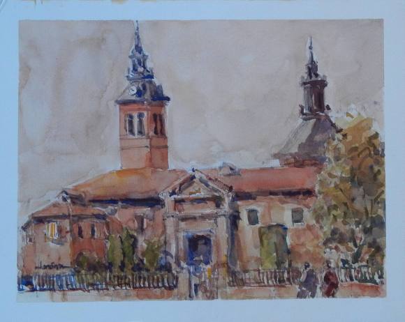 Carlos Enrique Lencinas Gómez (1937-2018). Acuarela sobre papel. ”Iglesia de Navalcarnero. Madrid”. Firmado a mano. Montado en cartón pluma. 26x32 cm. 