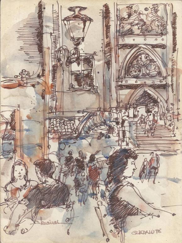 Carlos Enrique Lencinas Gómez. Acuarela y tinta sobre papel. ”Guadalupe”. Firmado a mano. 22x16,5 cm. Encima de cartón.