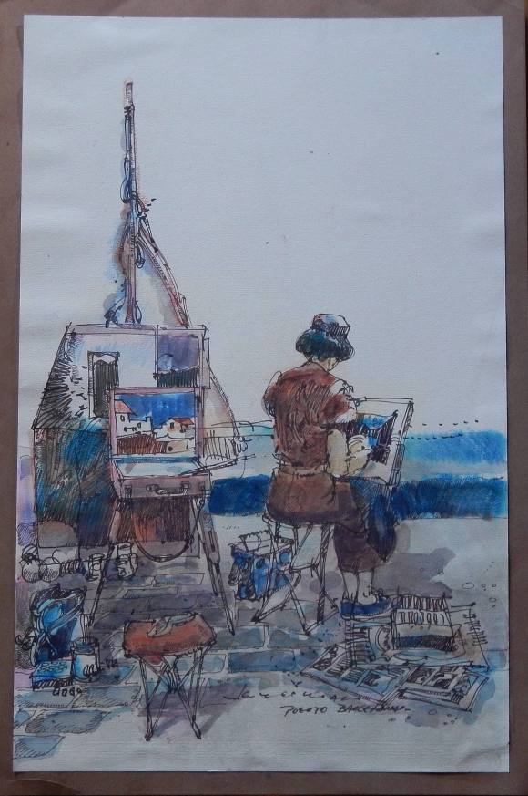 Carlos Enrique Lencinas Gómez. Acuarela y tinta sobre papel. ”Puerto Barcelona”. Firmada a mano. 50x32 cm.