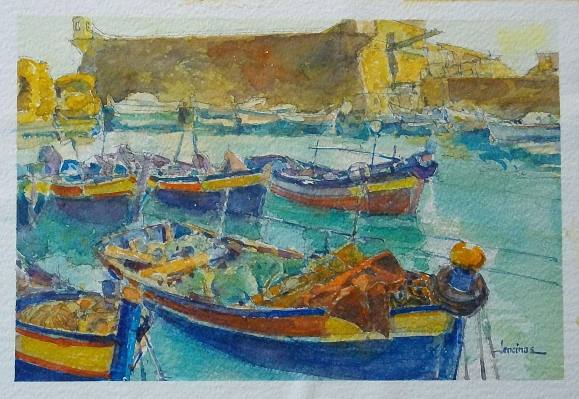 Carlos Enrique Lencinas Gómez (1937-2018). Acuarela sobre papel. ”Barcas de pesca y muelle”. Firmado a mano. 24,5x35,5 cm. 