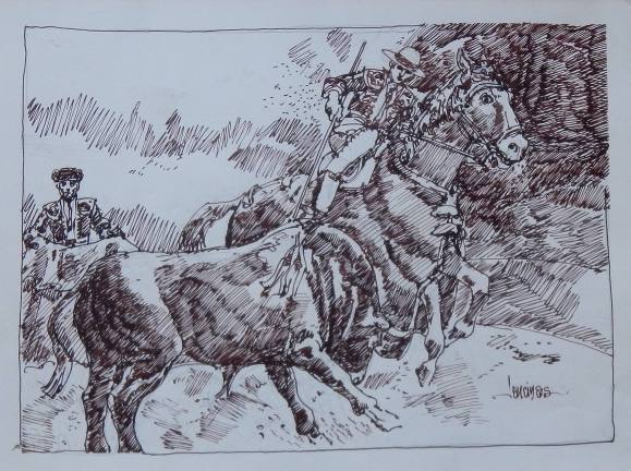 Carlos Enrique Lencinas Gómez. Tinta sobre papel. ”Picador, torero y toro