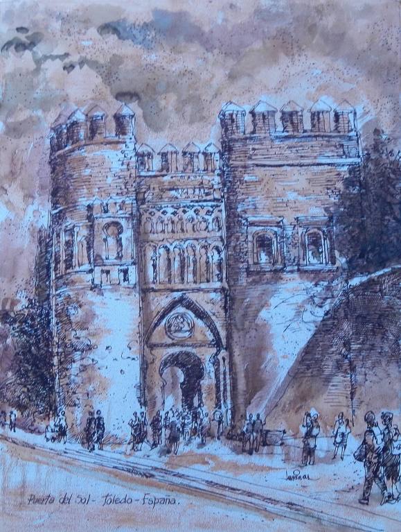 Carlos Enrique Lencinas Gómez. Tinta y acuarela sobre papel. Puerta del Sol. Toledo. Firmado a mano. 46x35 cm.