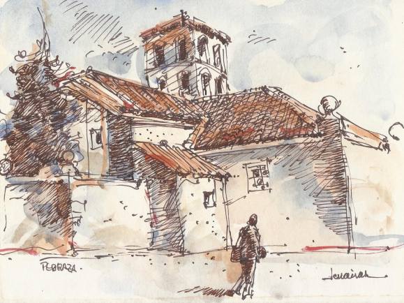 Carlos Enrique Lencinas Gómez. Acuarela y tinta sobre papel. ”Pedraza”. Segovia. Firmado a mano. 16,5x22 cm. 