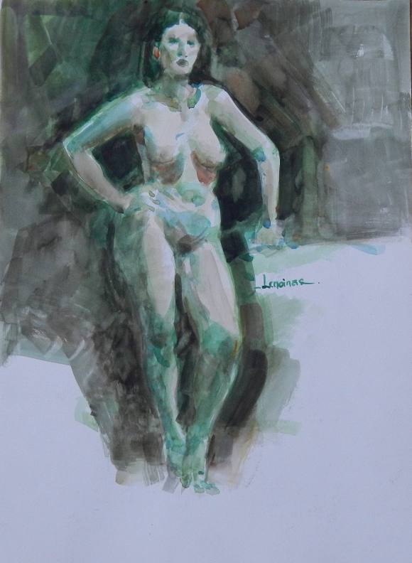 Carlos Enrique Lencinas Gómez. Acuarela sobre papel. ”Desnudo femenino”. Firmado a mano. 41x30 cm.