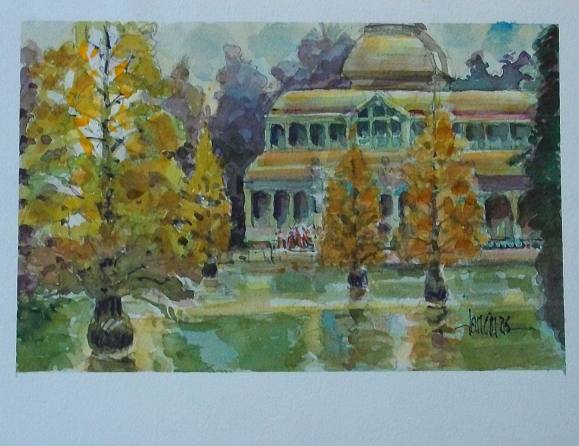 Carlos Enrique Lencinas Gómez. Acuarela sobre papel. ”Palacio Cristal del Retiro. Madrid”. Firmado a mano. 23x30 cm. Montado en cartón pluma. 