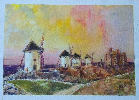 Carlos Enrique Lencinas Gómez. Acuarela sobre papel. ”Molinos de la Mancha”. Firmado a mano. 36x50 cm. Montado en cartón pluma. 