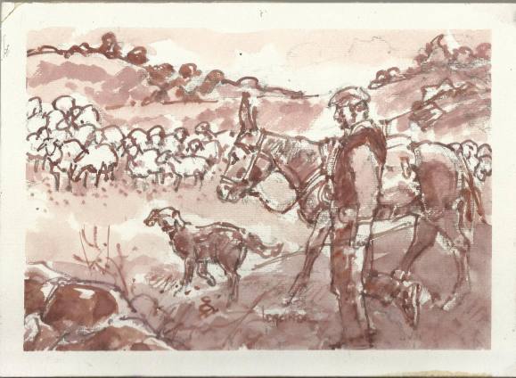 Carlos Enrique Lencinas Gómez. Acuarela sobre papel. ”Pastor, ovejas, burro y perro”. Firmado a mano. 18x25 cm. 