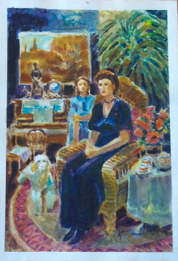 Carlos Enrique Lencinas Gómez. Acuarela sobre papel. ”Mujer sentada, niña y perro”. Firmado a mano. 51x35 cm. 