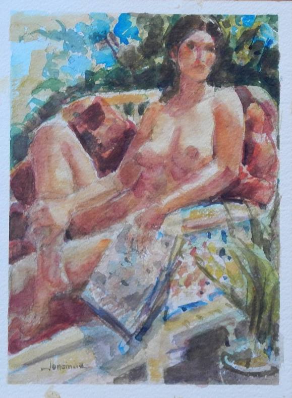 Carlos Enrique Lencinas Gómez. Acuarela sobre papel. ”Desnudo femenino”. Firmado a mano. Montado en cartón pluma. 31x23 cm.