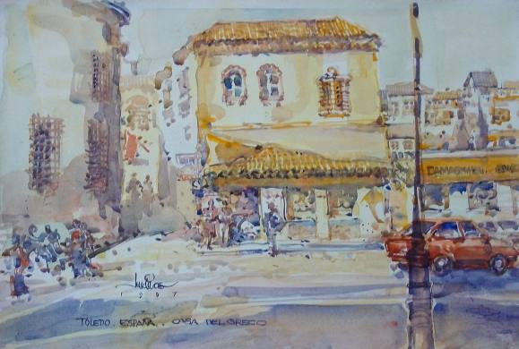 Carlos Enrique Lencinas Gómez. Acuarela sobre papel. ”Casa del Greco. Toledo”. 1997. Firmado a mano. 1997. 31x46 cm. 