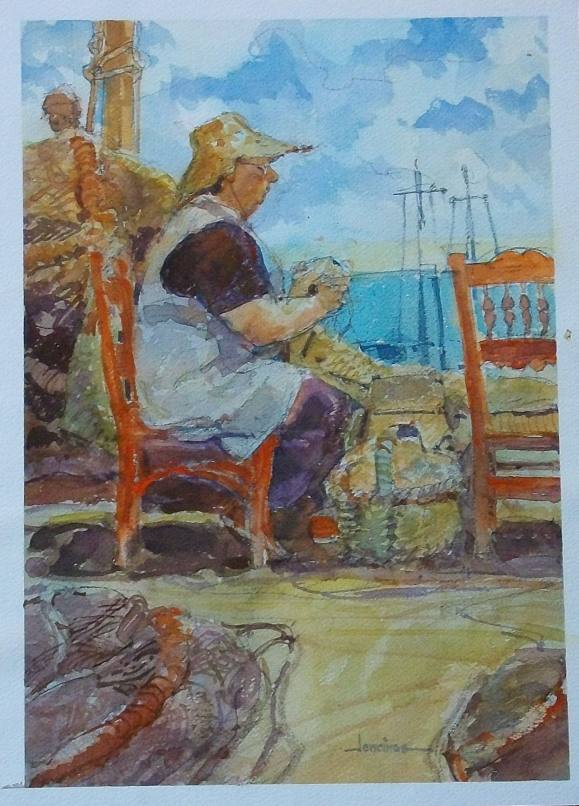 Carlos Enrique Lencinas Gómez. Acuarela sobre papel. ”Tejedora de redes”. Firmado a mano. 36x26 cm. 