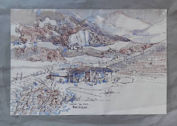 Carlos Enrique Lencinas Gómez. Tinta y color sobre papel. ”Casa de Campo. Pineda de Mar”. Firmada a mano. Montada en cartulina. 32x47 cm mide el dibujo. 39x54 cm. 