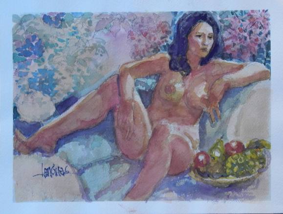 Carlos Enrique Lencinas Gómez. Acuarela sobre papel. ”Desnudo femenino y frutas”. Firmado a mano. 23x30 cm. 