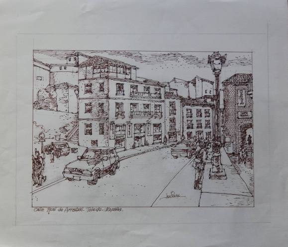 Carlos Enrique Lencinas Gómez. Tinta sobre papel. ”Calle Real de Arrabal. Toledo”. Firmado a mano. 46x54 cm. 