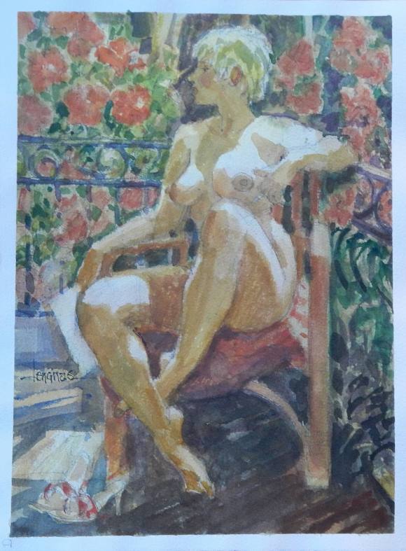 Carlos Enrique Lencinas Gómez. Acuarela sobre papel. ”Desnudo femenino y flores”. Firmado a mano. 38x28 cm. 