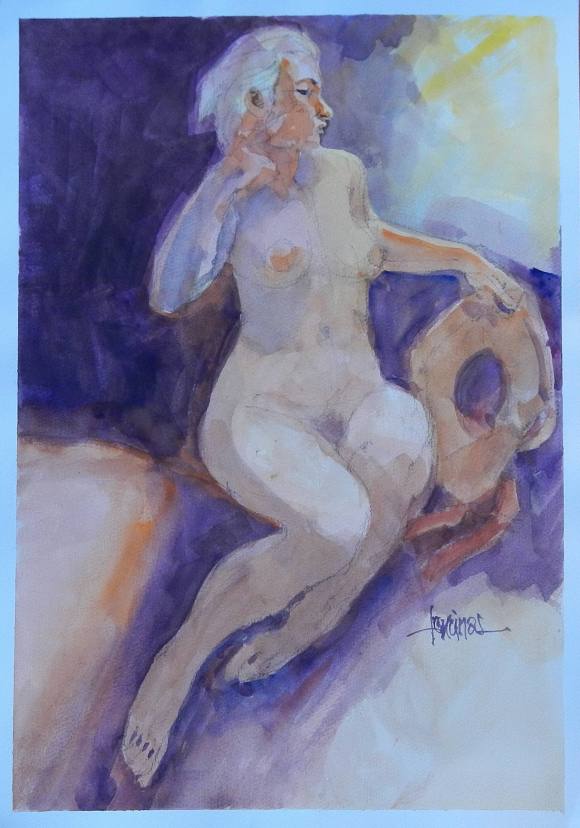 Carlos Enrique Lencinas Gómez. Acuarela sobre papel. ”Desnudo femenino y sombrero”. Firmado a mano. 42x30 cm. 