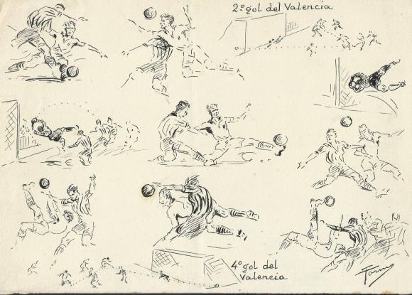Federico Tormo Monzó. Dibujo a tinta. Valencia C. F. 2º y 4º gol. Años 50. Fútbol. Firmado a mano. 23x17 cm.