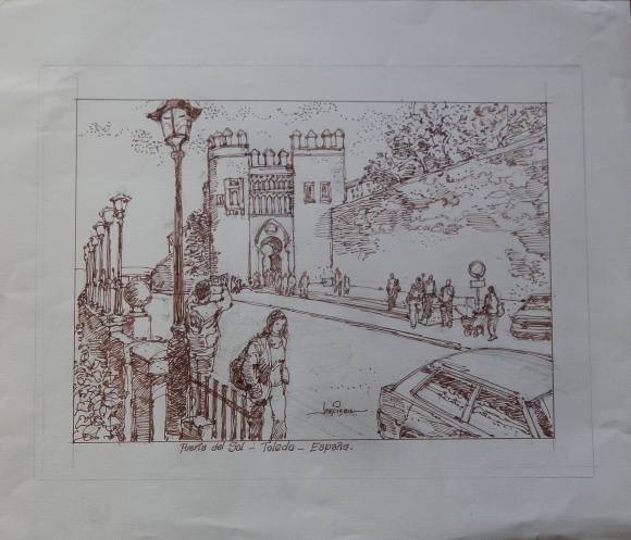 Carlos Enrique Lencinas Gómez. Tinta sobre papel. ”Puerta del Sol. Toledo”. Firmado a mano. 46x54 cm. 
