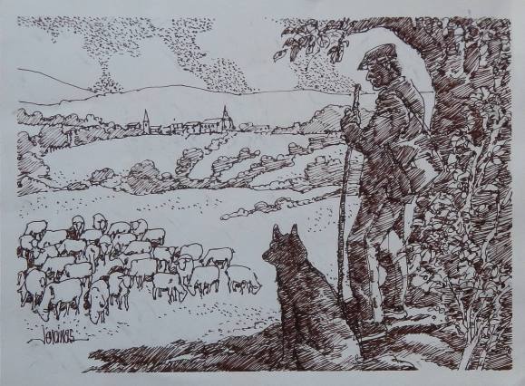 Carlos Enrique Lencinas Gómez. Tinta sobre papel. ”Pastor, ovejas y perro”. Firmado a mano. 30x40 cm. 