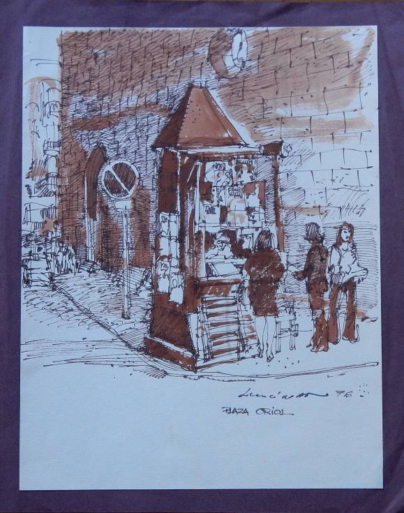 Carlos Enrique Lencinas Gómez. Tinta y acuarela sobre papel. ”Plaza Sant Josep Oriol. Barcelona”. 1976. Firmada a mano. Montada en cartulina. 41x32 cm mide el dibujo. 45x37 cm. 