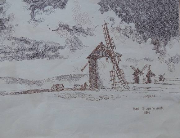 Carlos Enrique Lencinas Gómez. Tinta sobre papel. ”Molinos de Mota del Cuervo”. Firmado a mano. 35x45 cm. 