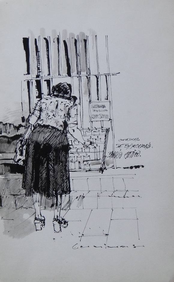 Carlos Enrique Lencinas Gómez. Tinta sobre papel. ”Catedral Barcelona. Barrio Gótico”. Firmado mano. 51x32 cm. 