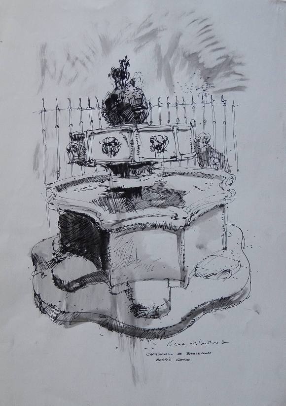 Carlos Enrique Lencinas Gómez. Tinta sobre papel. ”Catedral Barcelona. Barrio Gótico”. Firmada mano. 51x37 cm. 