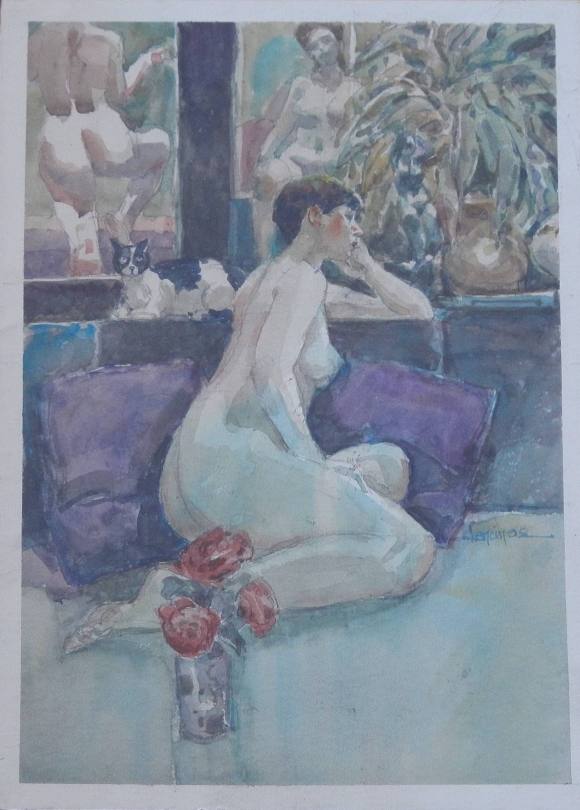 Carlos Enrique Lencinas Gómez. Acuarela sobre papel. ”Desnudo femenino y burdel”. Firmado a mano. Montado en cartón pluma. 50x36 cm. 