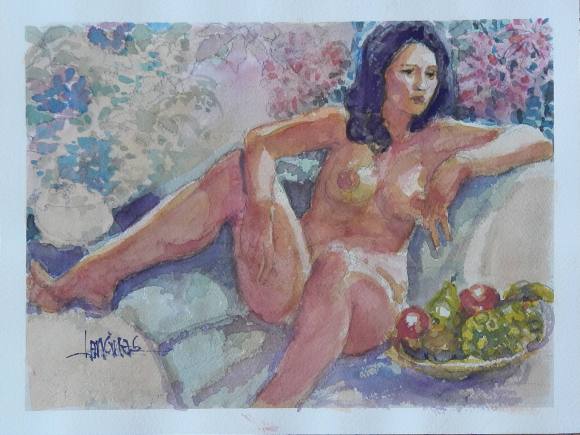 Carlos Enrique Lencinas Gómez. Acuarela sobre papel. ”Desnudo femenino y frutas”. Firmado a mano. 23x30 cm. 