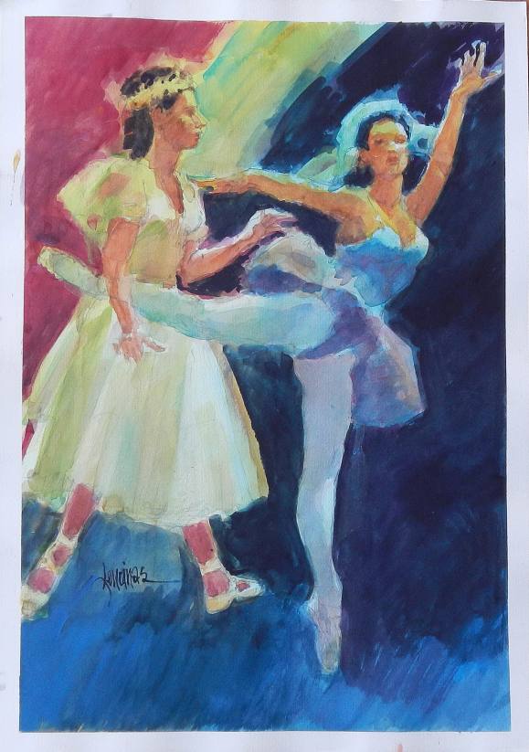 Carlos Enrique Lencinas Gómez. Acuarela sobre papel. ”Dos bailarinas”. Firmado a mano. Detrás 