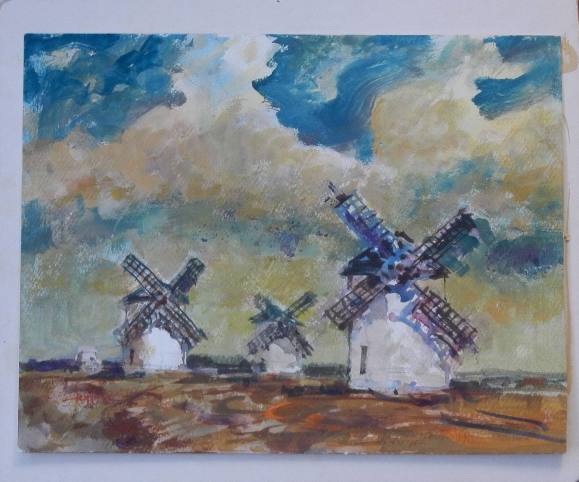 Carlos Enrique Lencinas Gómez. Acuarela sobre papel. ”Molinos de viento. La Mancha”. 27x32 cm. 