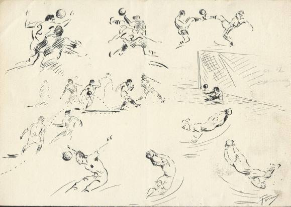 Federico Tormo Monzó. Dibujo a tinta Valencia C. F. Años 40. Fútbol. 